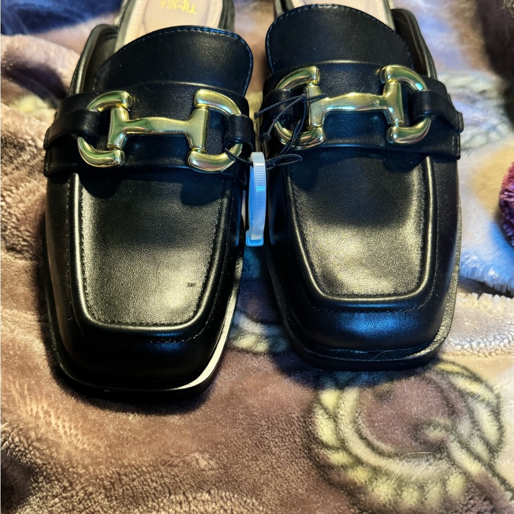 Time and Tru Black Loafers with Gold Chain Accent